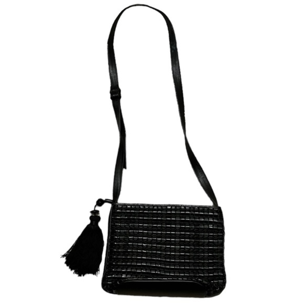 Vintage Gansen black woven patent & matte leather mid-size shoulder bag purse